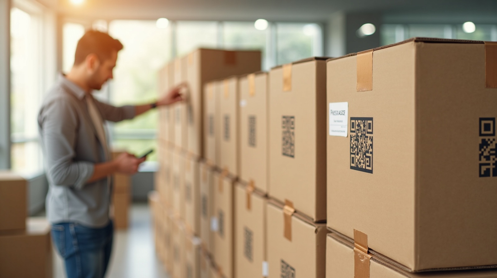 Office relocation with QR-labeled boxes ready for unpacking