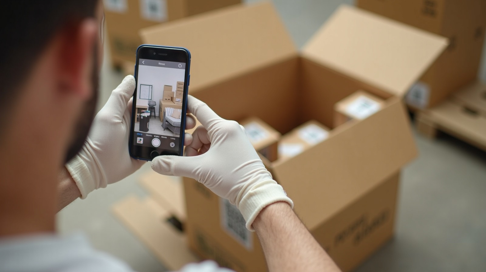 Mover photographing the contents of an open box with a smartphone