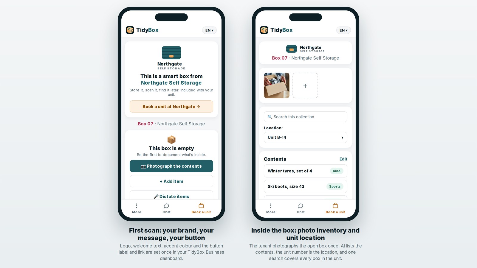 Branded TidyBox scan page with the operator's logo and a customizable booking button
