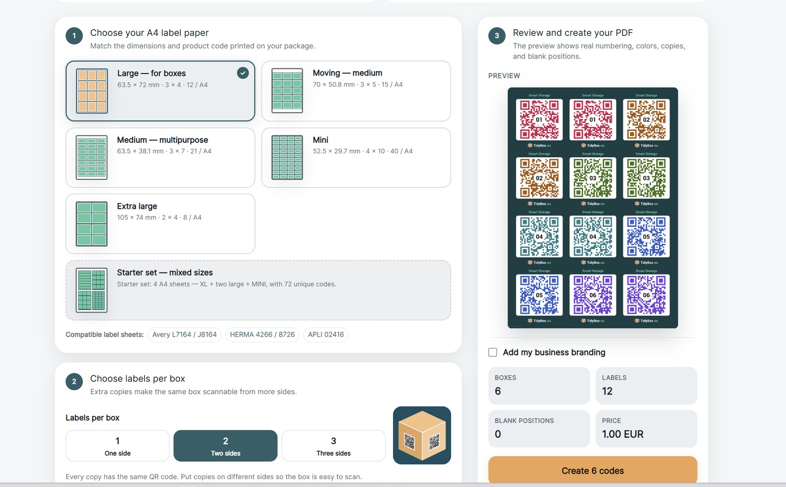 TidyBox label generator: choose A4 label paper, labels per box, and preview the sheet
