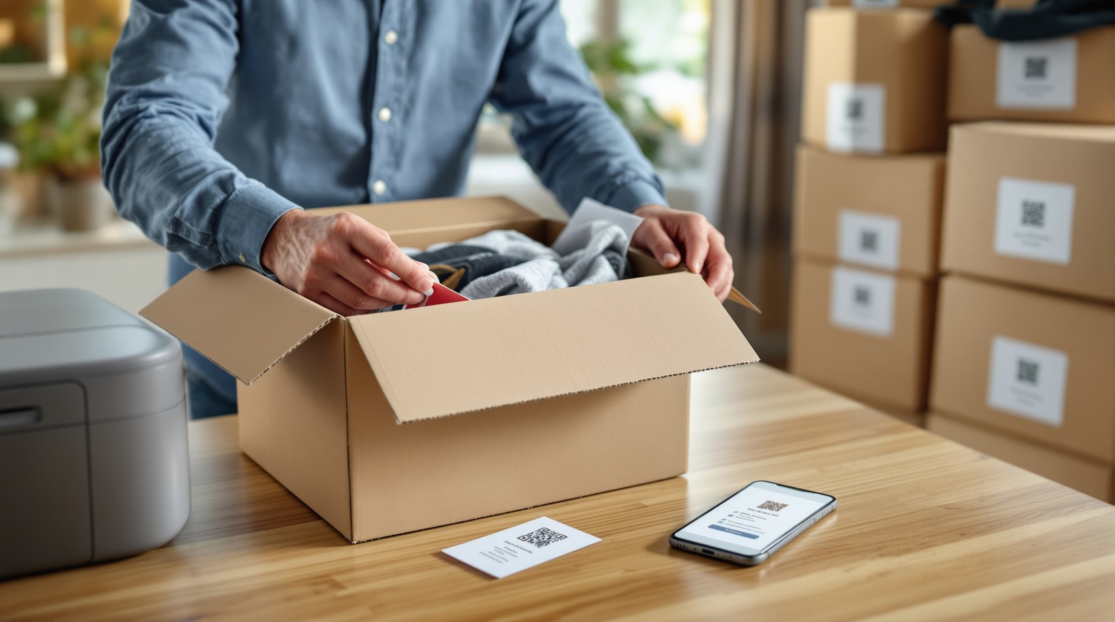 Tenant printing labels at home and sticking them on boxes before moving into a storage unit