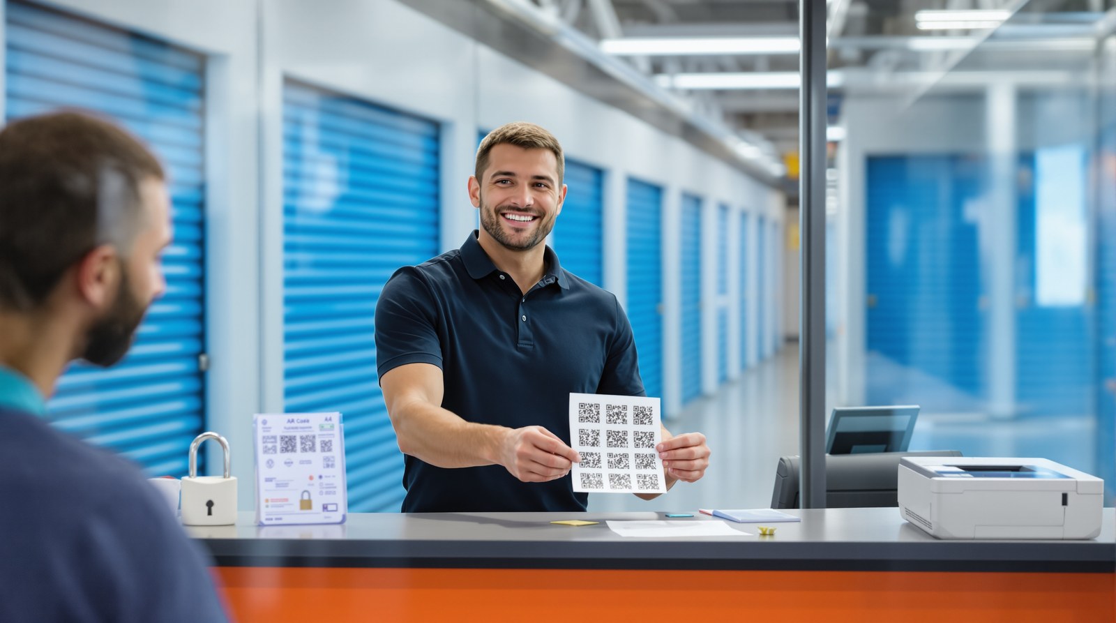 Reception staff handing a tenant a printed sheet of QR labels together with the access card