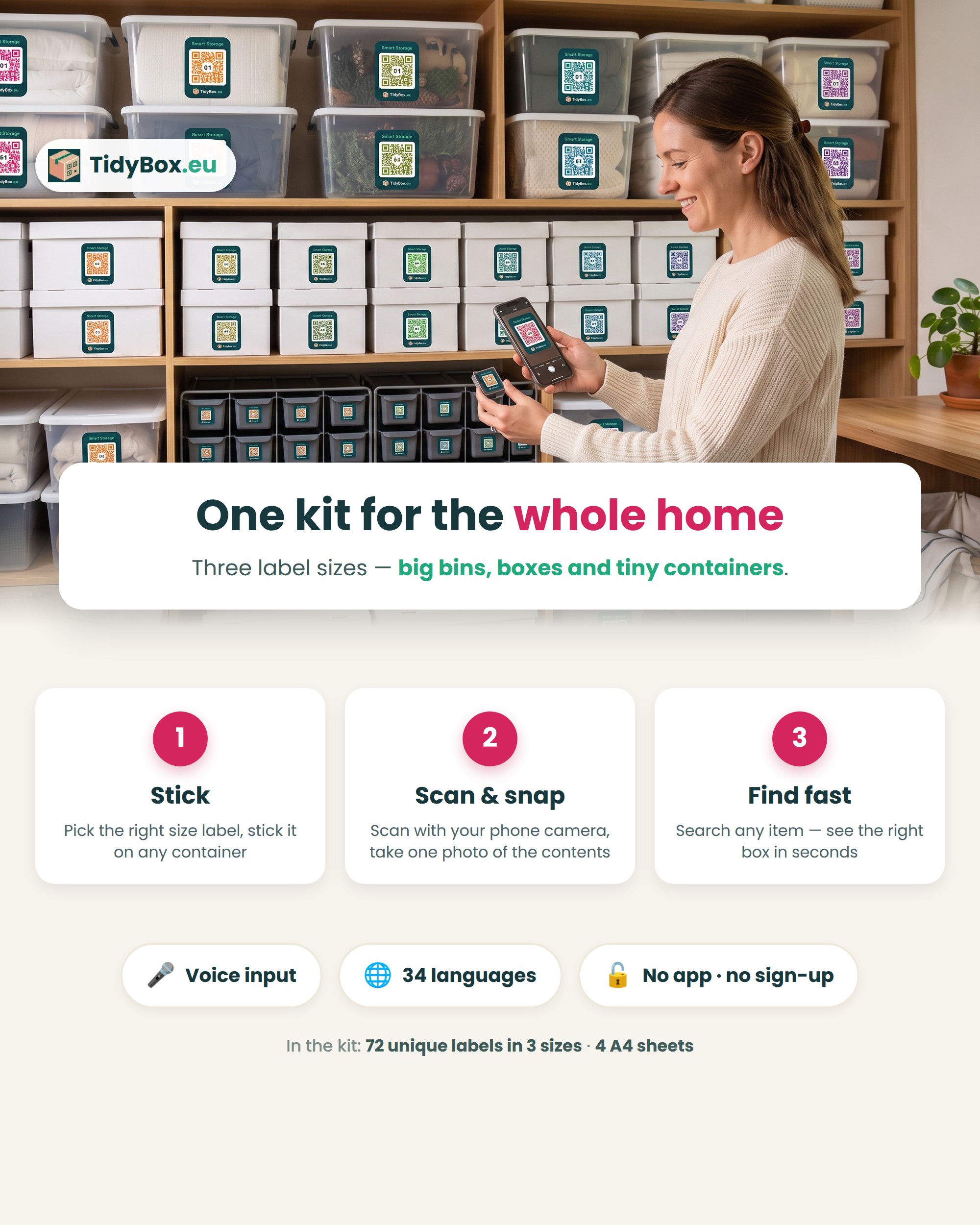 Smart QR Storage Labels – Whole Home Mix Kit, 72 Stickers, 3 Sizes — Photo 3