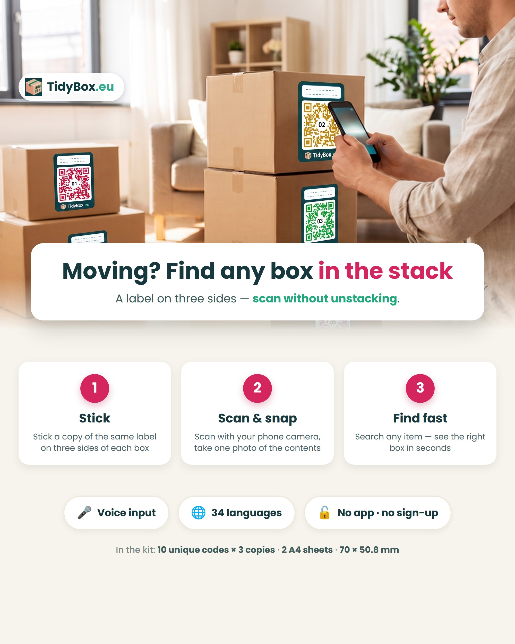 Smart QR Moving Box Labels – AI Photo Inventory Kit (10 Boxes) — Photo 3