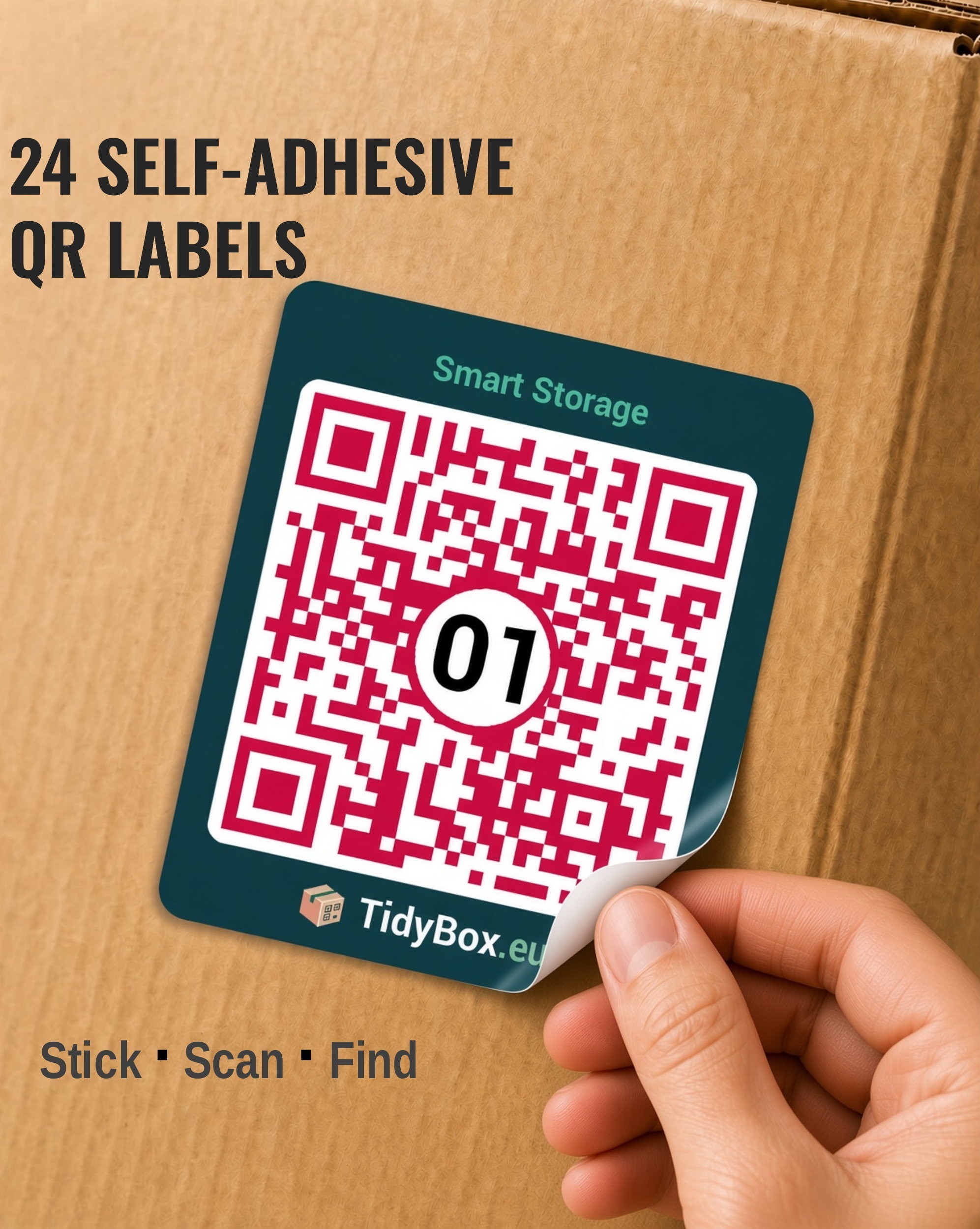 24 умни QR етикета за съхранение – ИИ фотоинвентаризация за контейнери и кашони