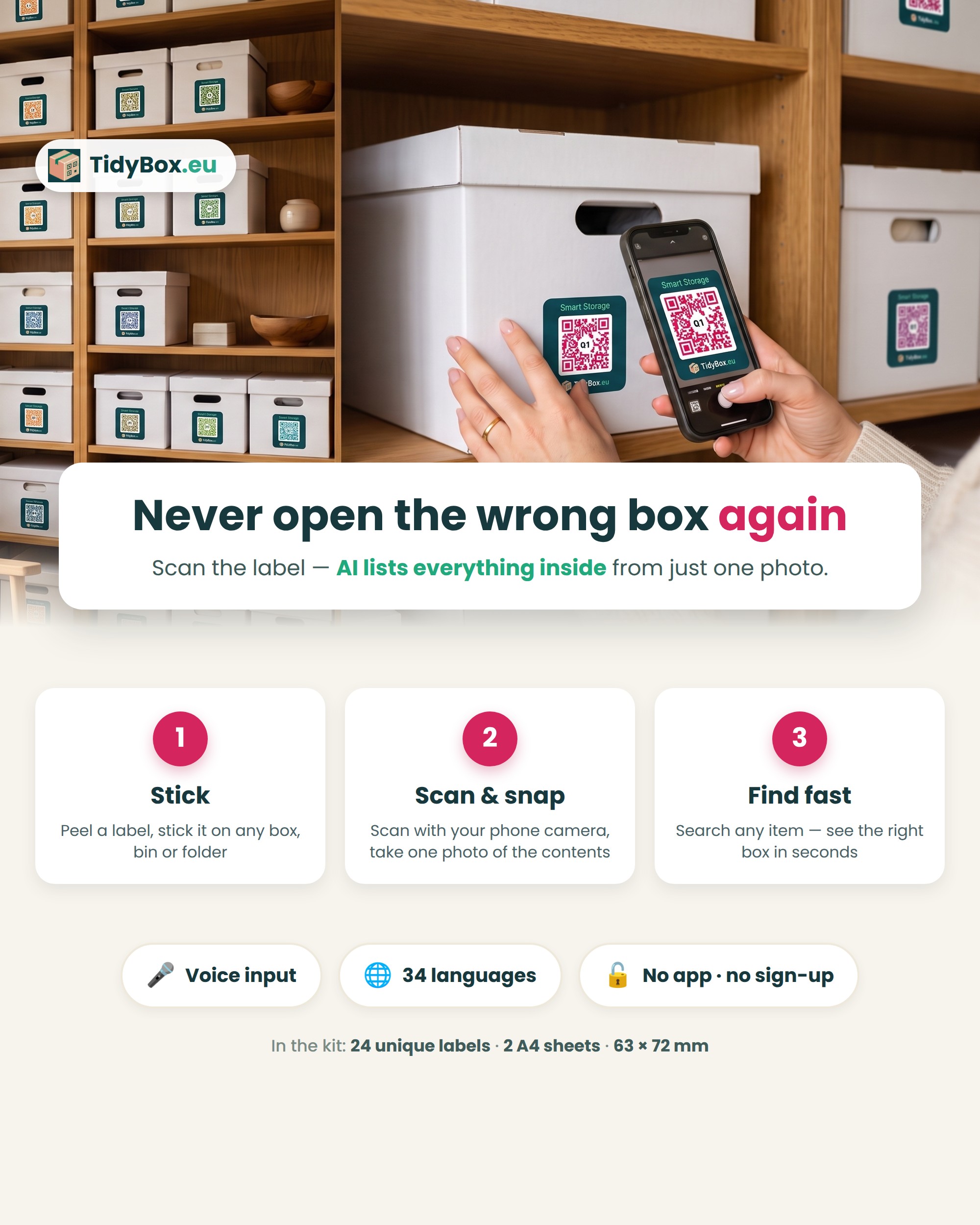 24 Smart QR Storage Labels – AI Photo Inventory for Bins, Totes, Boxes — Photo 3