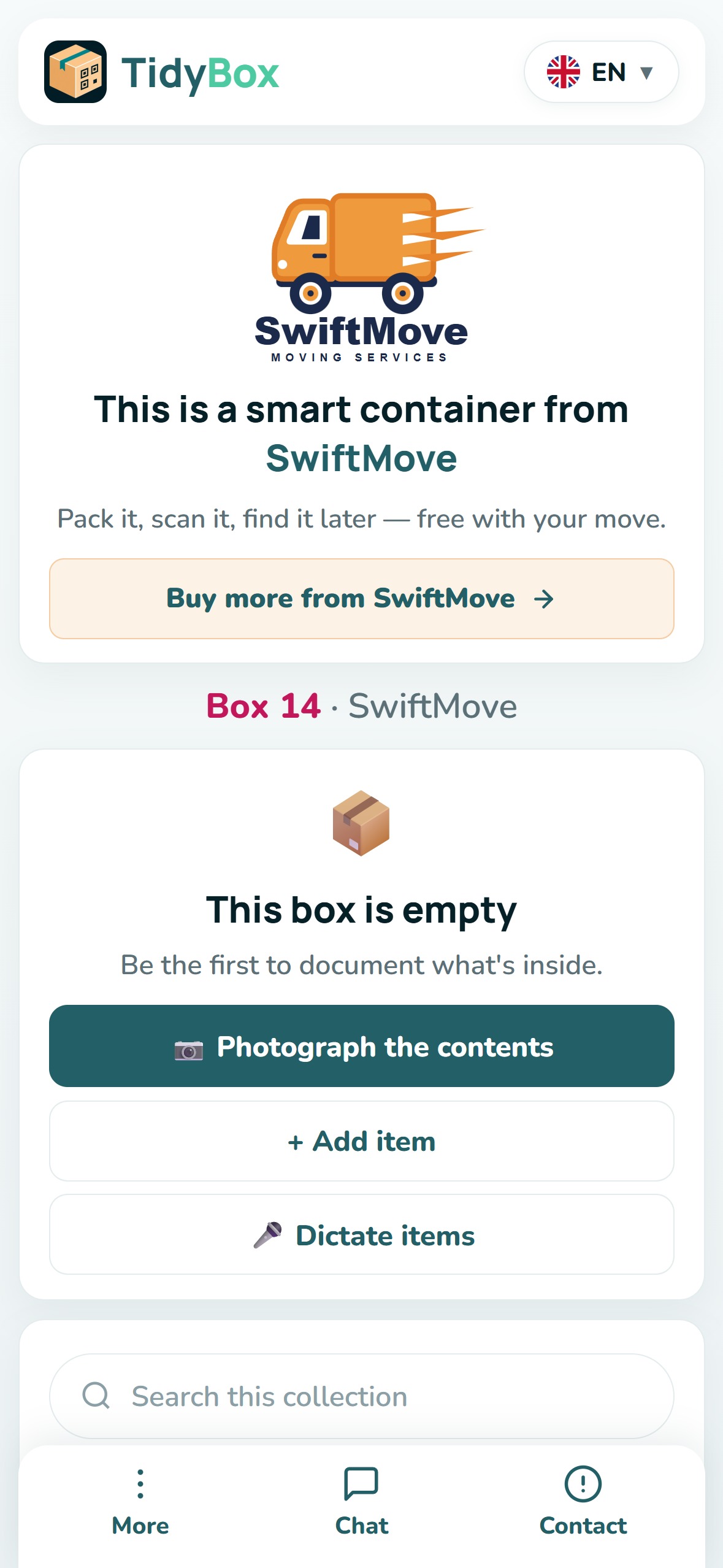 Branded scan page with a Buy more button on a phone