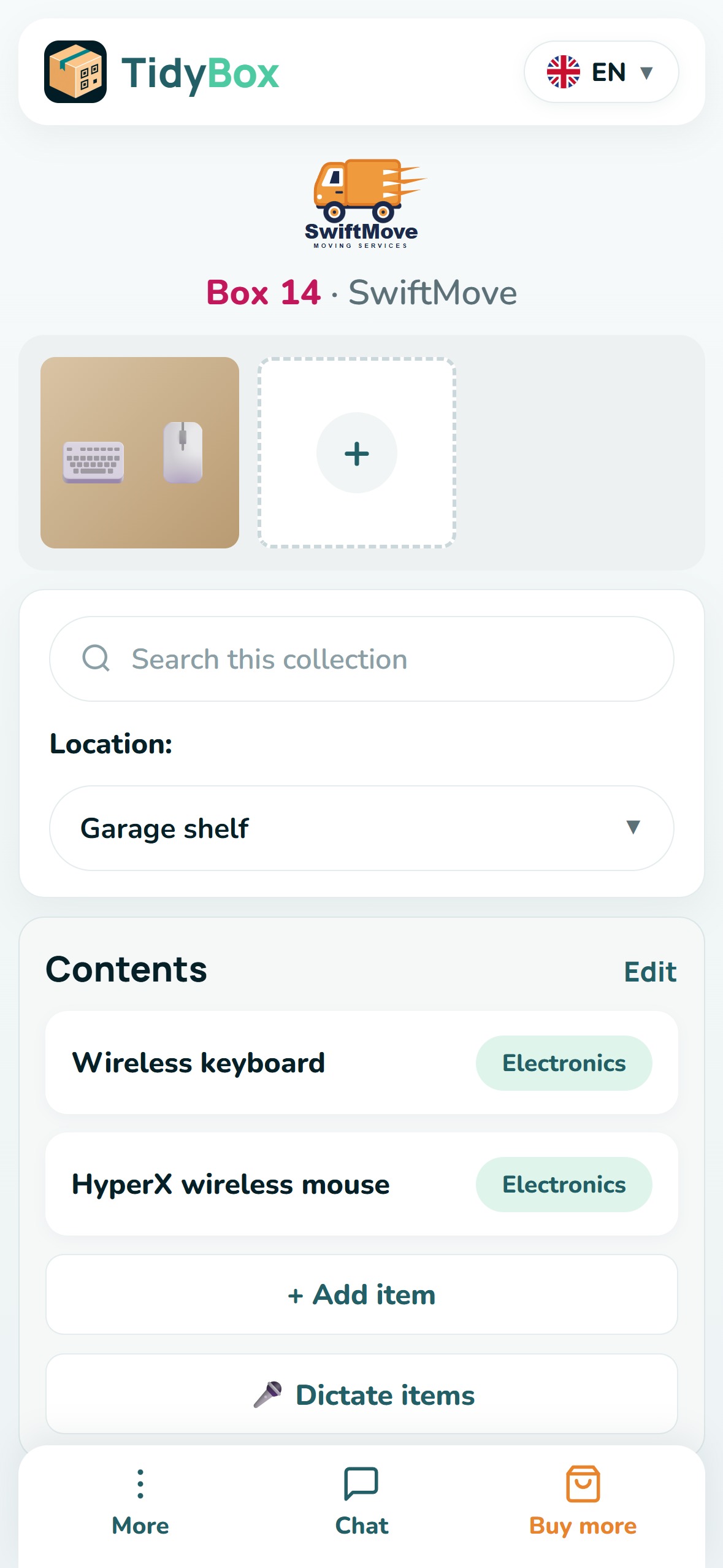Scan page of a packed box with the item list and a Buy more button